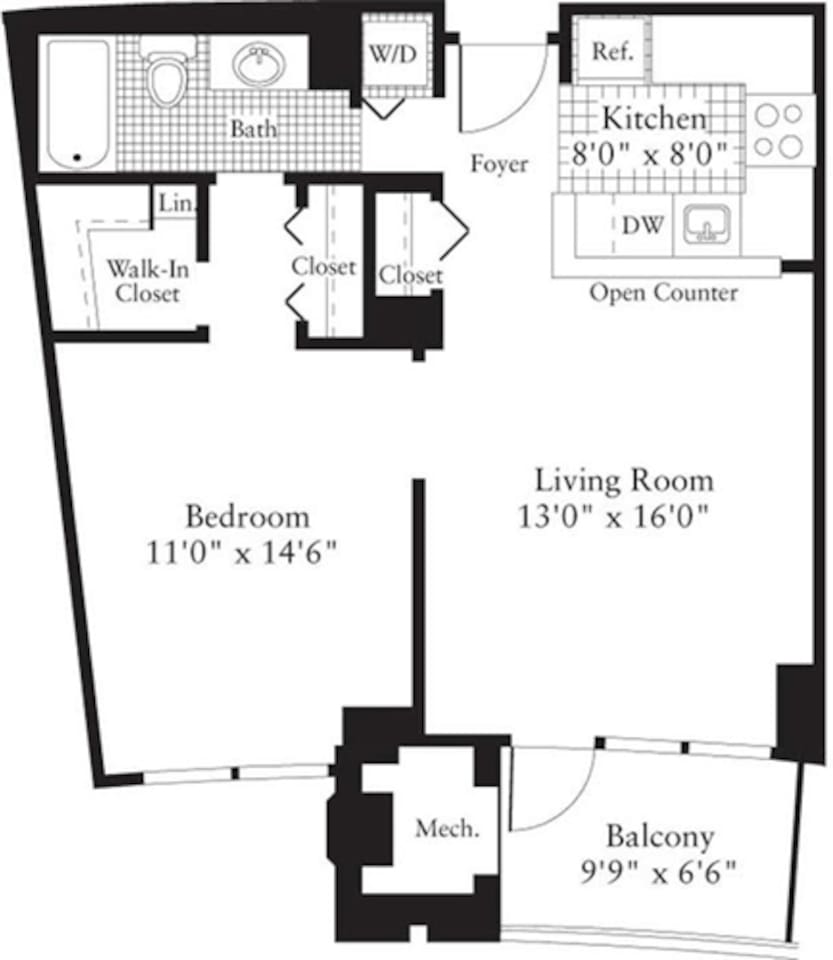 Floorplan diagram for 1 Bedroom B, showing 1 bedroom