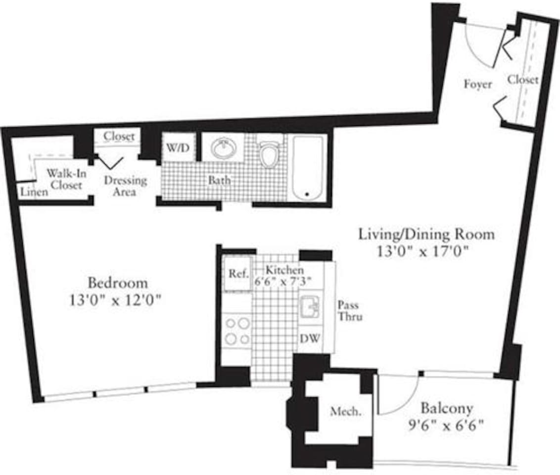 Floorplan diagram for 1 Bedroom E, showing 1 bedroom