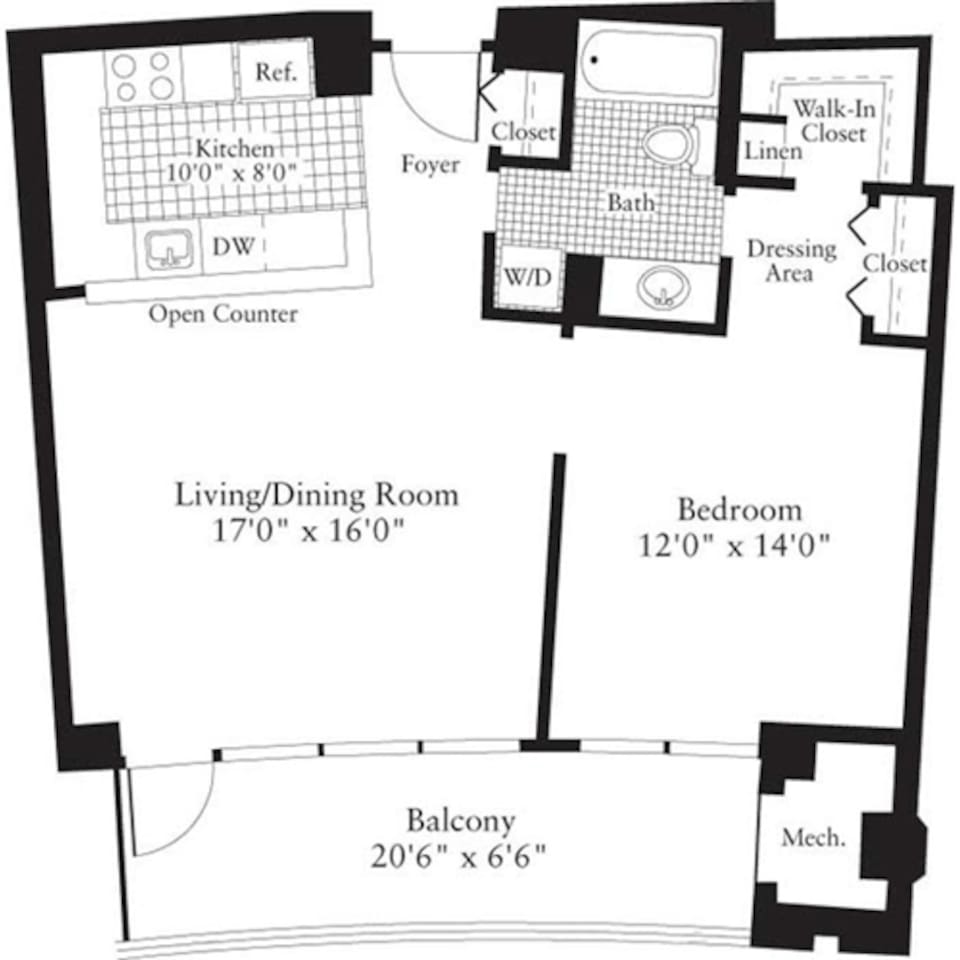Floorplan diagram for 1 Bedroom F, showing 1 bedroom