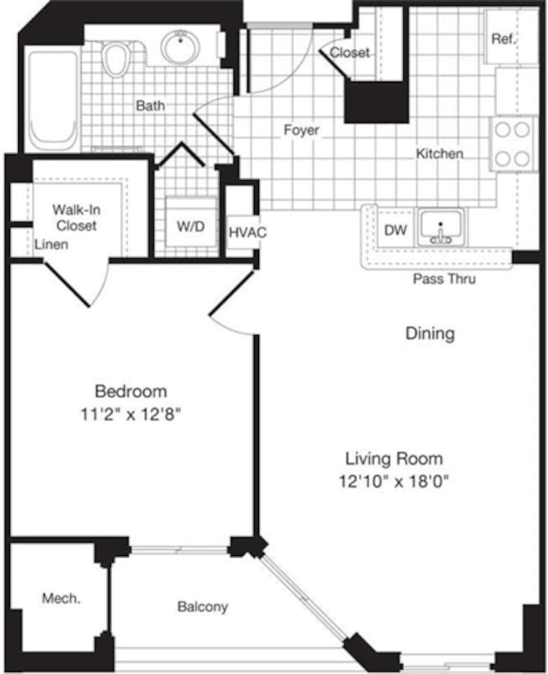 Floorplan diagram for 1 Bedroom E, showing 1 bedroom