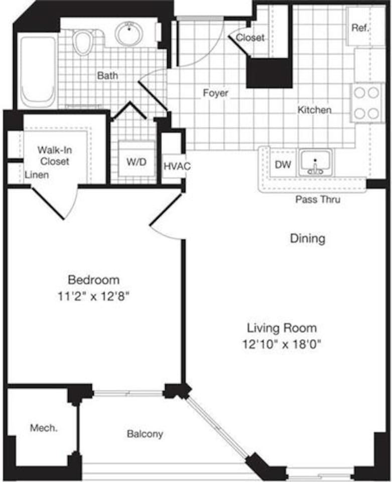Floorplan diagram for 1 Bedroom F, showing 1 bedroom