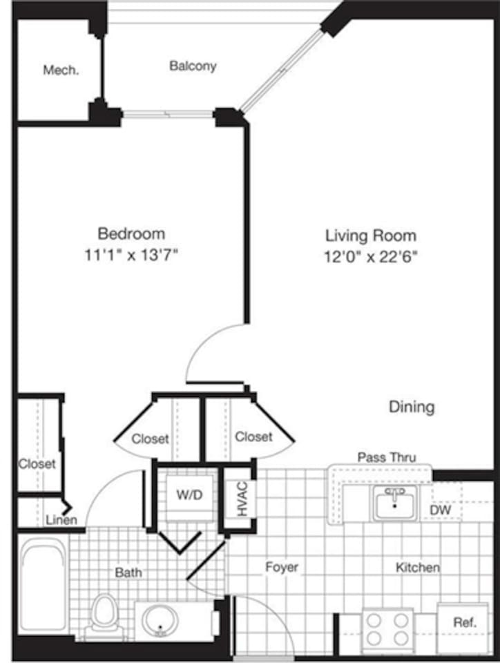 Floorplan diagram for 1 Bedroom J, showing 1 bedroom
