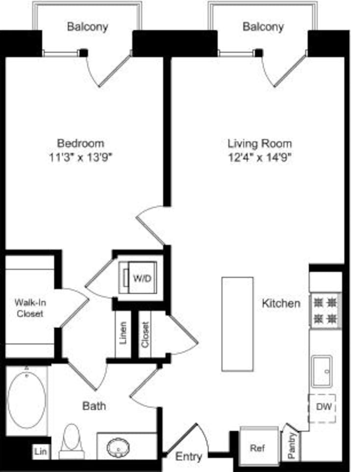 Floorplan diagram for One Bed A1 with Balconies, showing 1 bedroom