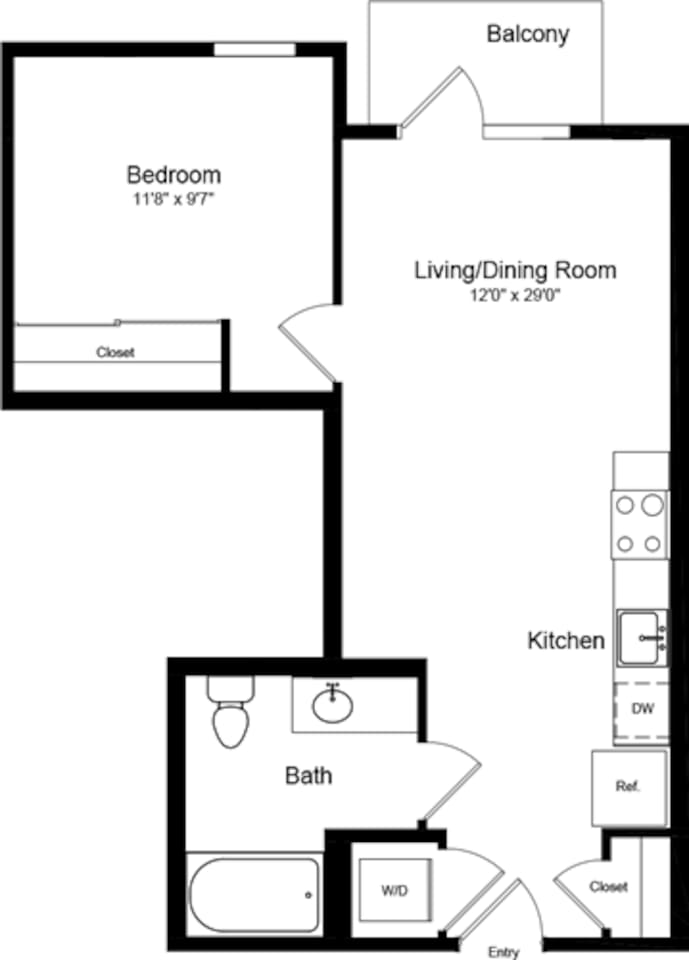 Floorplan diagram for 1 Bedroom B with Balcony, showing 1 bedroom