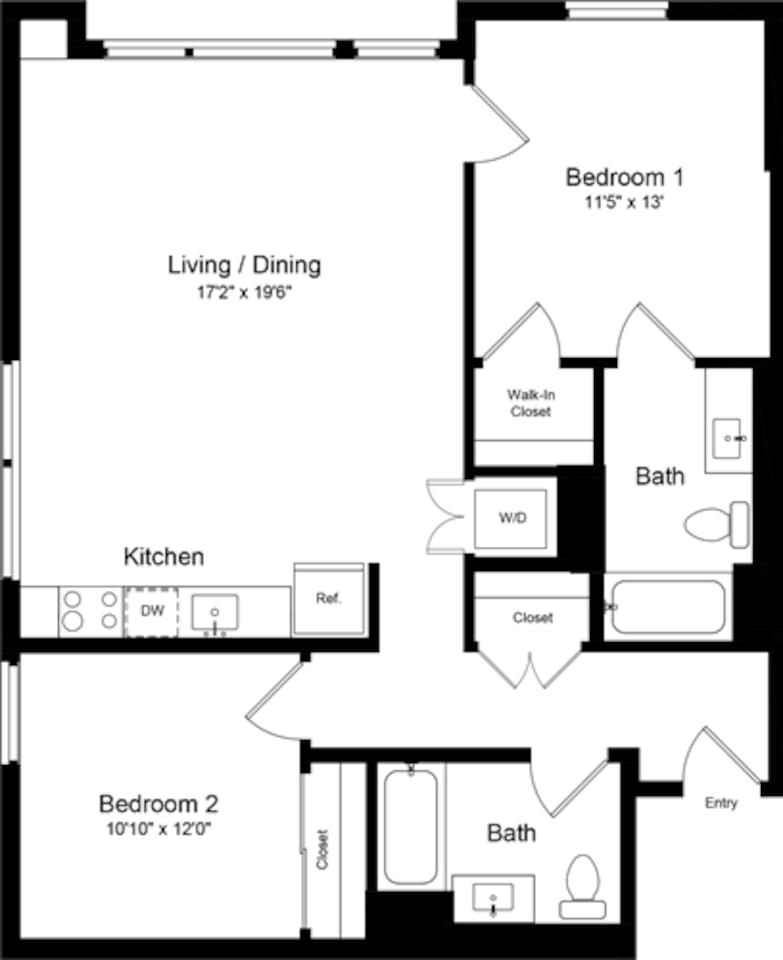 Floorplan diagram for 2 Bedroom E, showing 2 bedroom