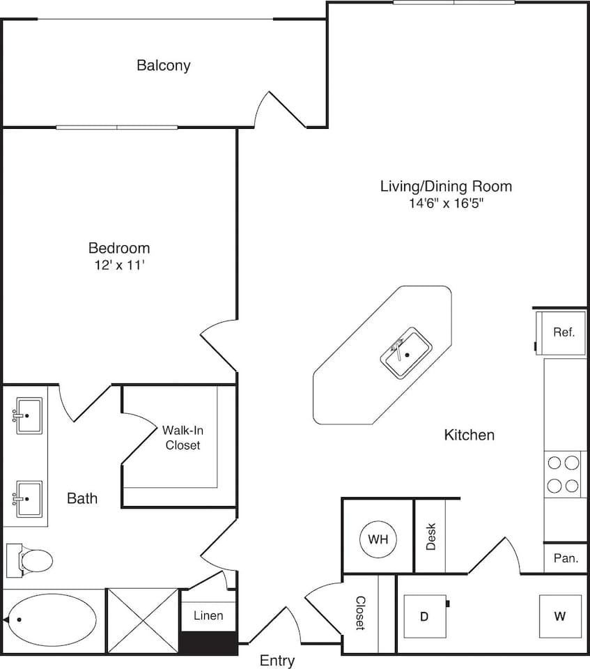 Floorplan diagram for The Hillcrest, showing 1 bedroom
