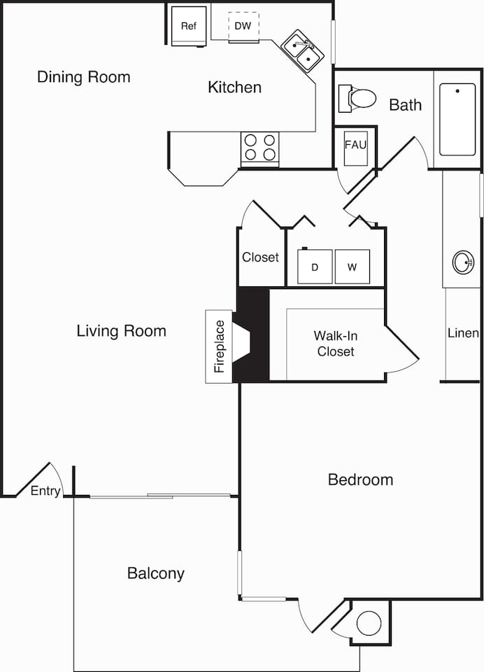 Floorplan diagram for Model 1B, showing 1 bedroom