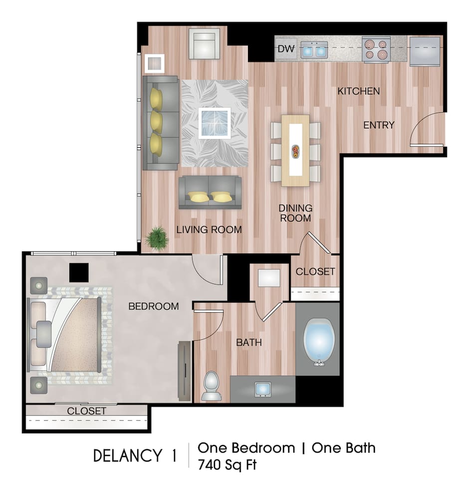 Floorplan diagram for Delancy 1, showing 1 bedroom