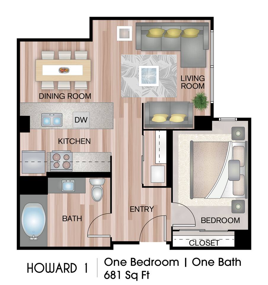 Floorplan diagram for Howard 1, showing 1 bedroom