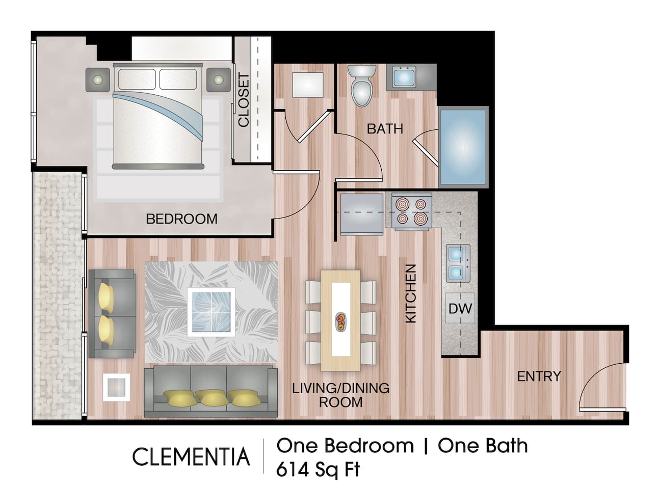 Floorplan diagram for Clementia, showing 1 bedroom