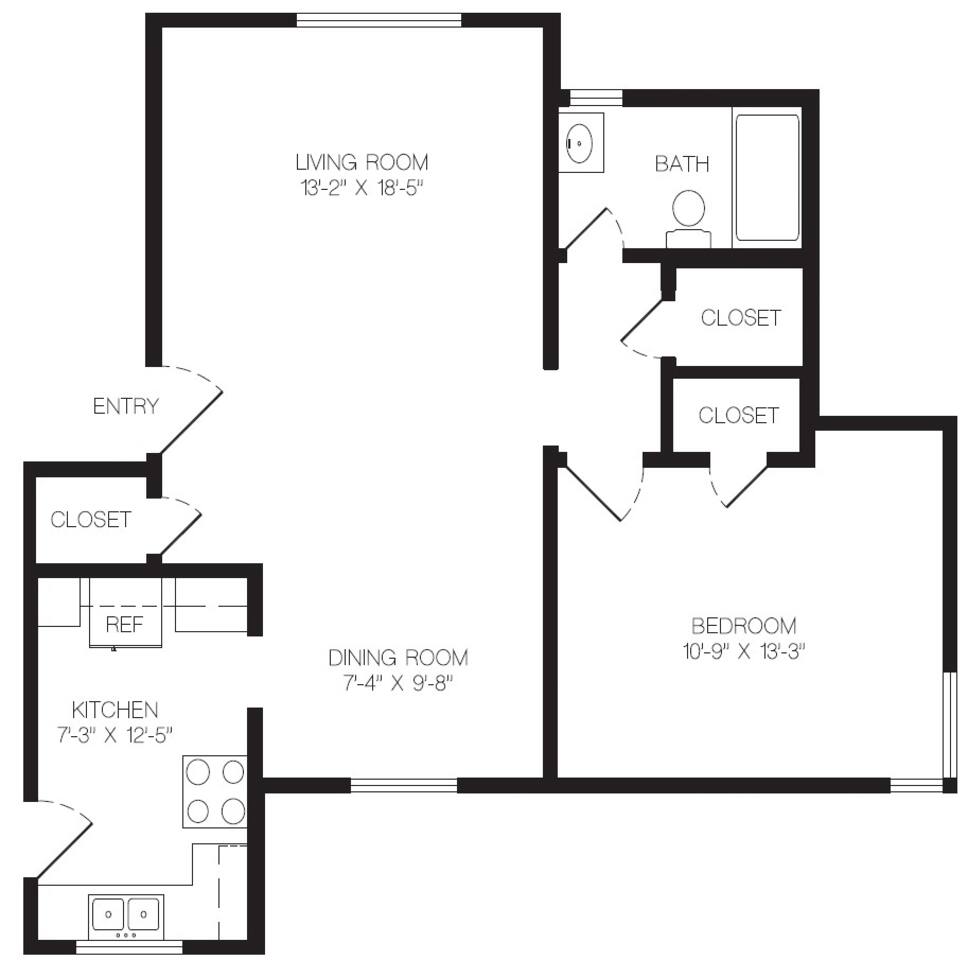 Floorplan diagram for The Mariposa Renovated (Garden), showing 1 bedroom