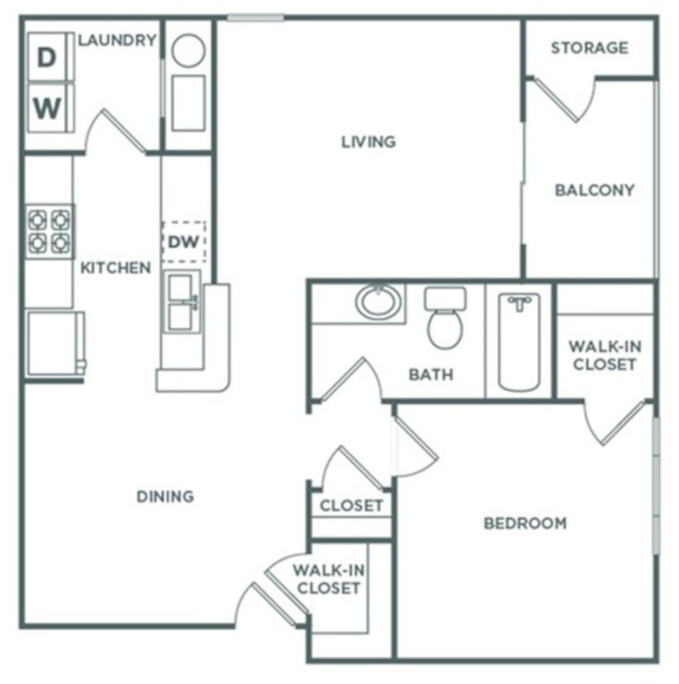 Floorplan diagram for One Bedroom One Bath (810 SF), showing 1 bedroom