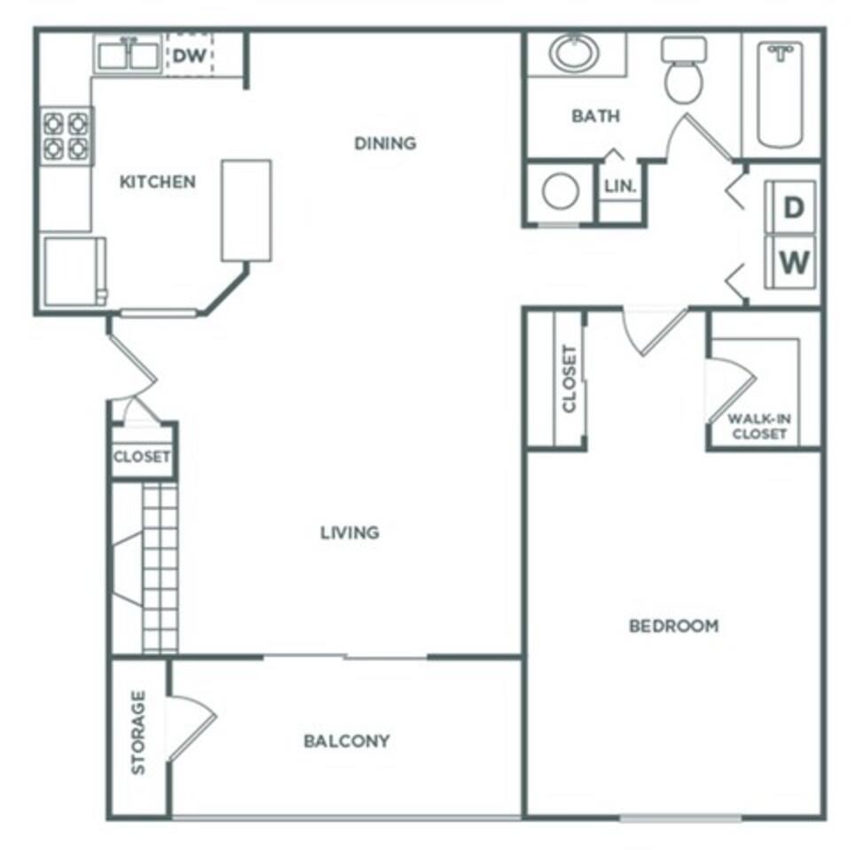 Floorplan diagram for One Bedroom One Bath (941 SF), showing 1 bedroom