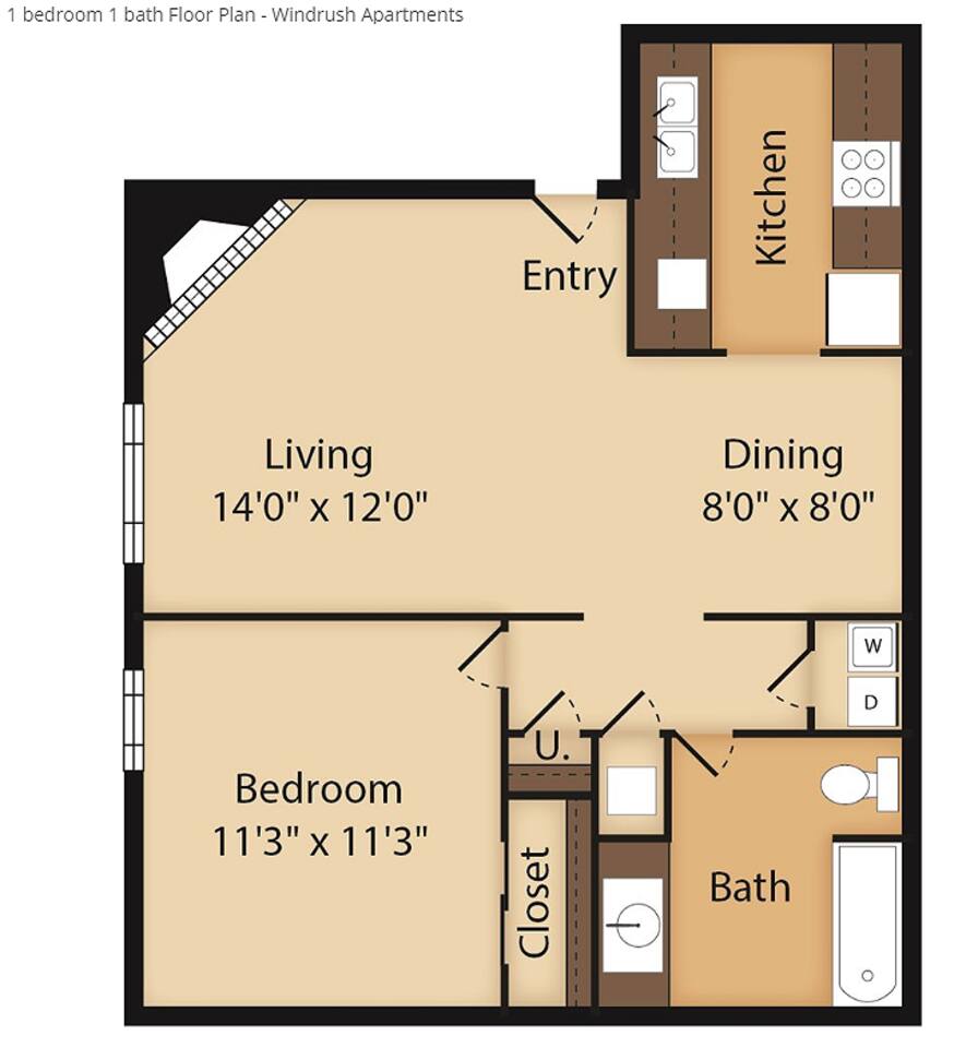 Floorplan diagram for One Bedroom, showing 1 bedroom