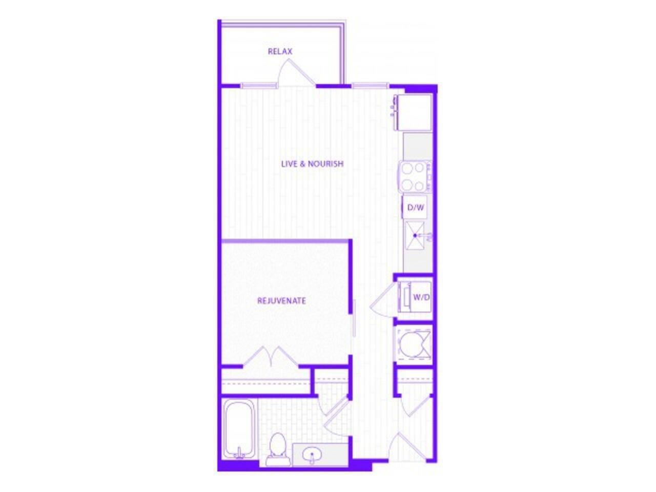 Floorplan diagram for Studio One Bath (623 SF), showing Studio
