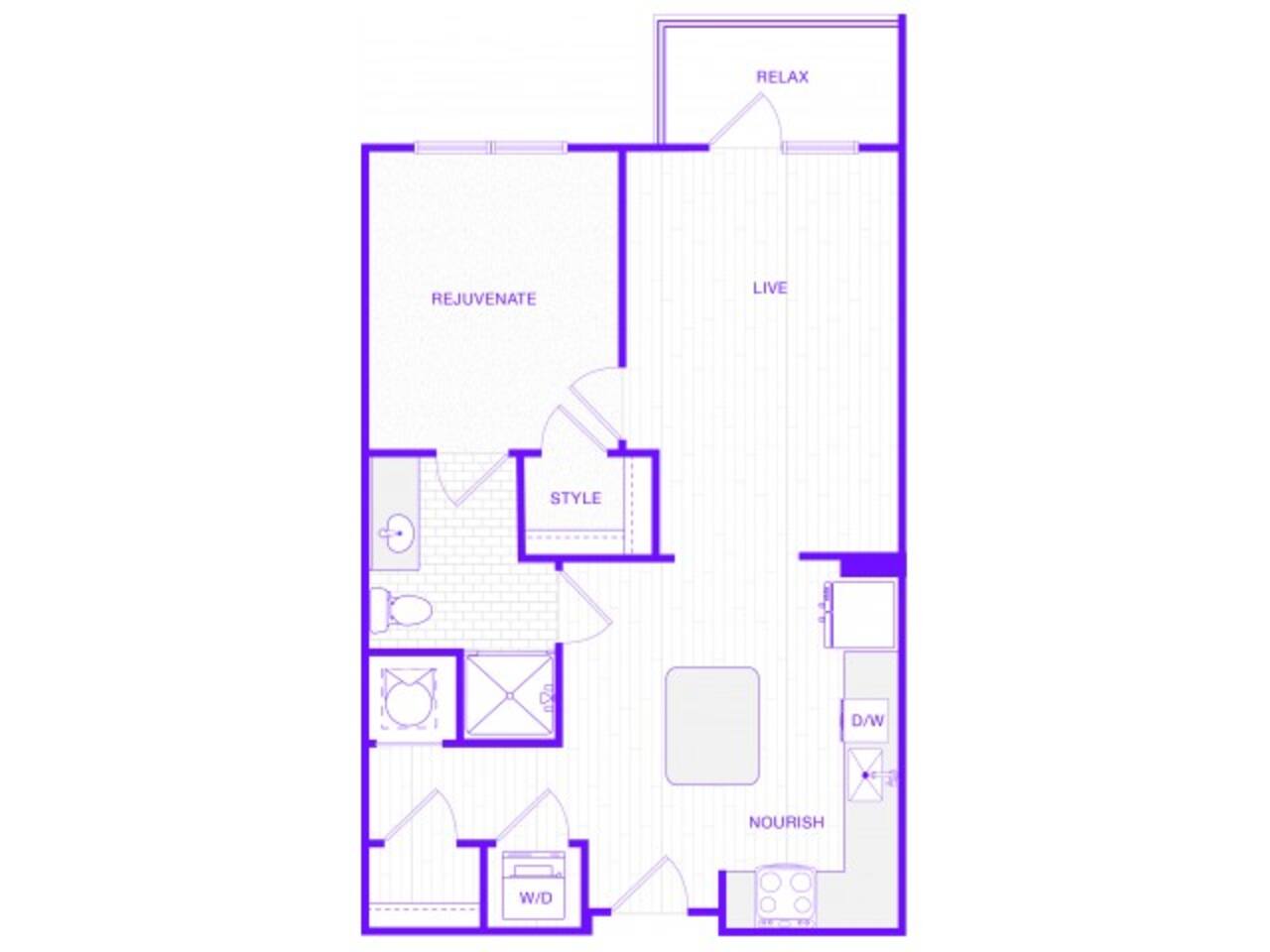 Floorplan diagram for One Bedroom One Bath (749 SF), showing 1 bedroom