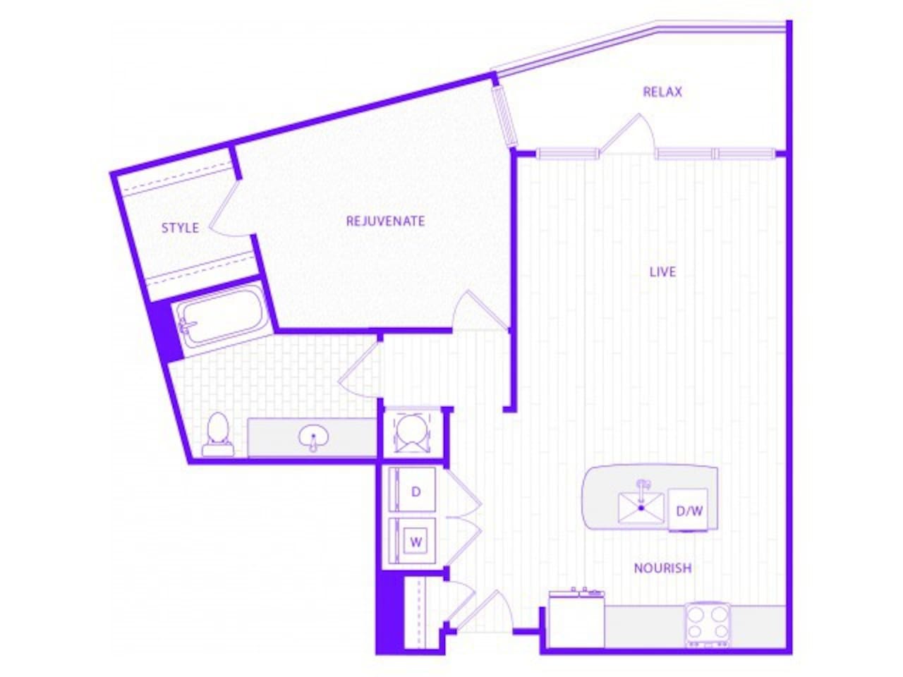 Floorplan diagram for One Bedroom One Bath (959 SF), showing 1 bedroom