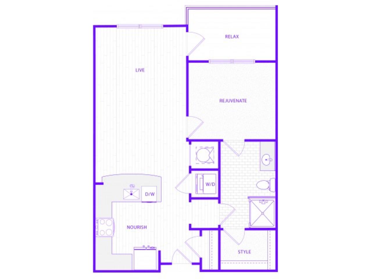 Floorplan diagram for One Bedroom One Bath (784 SF), showing 1 bedroom