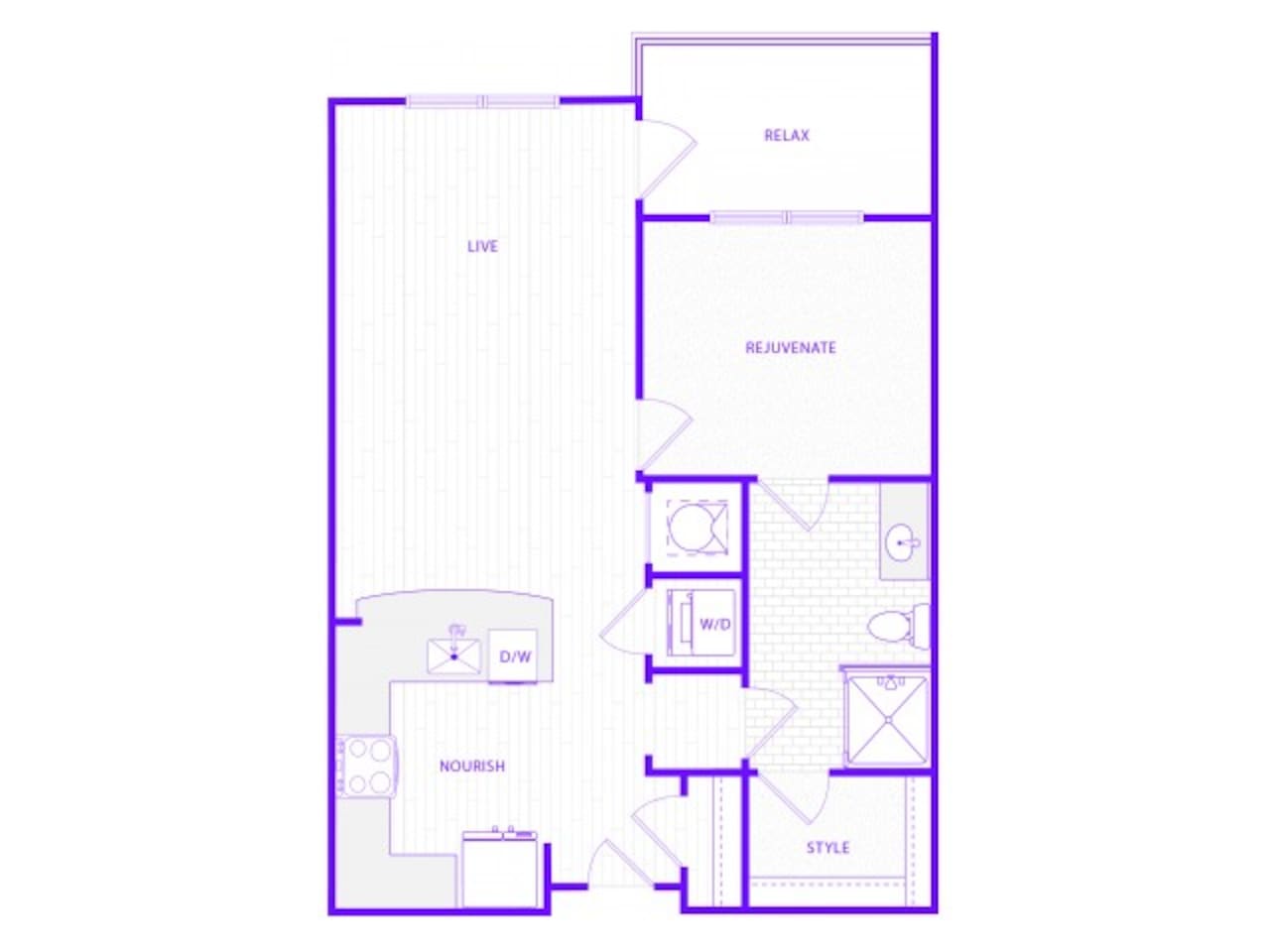 Floorplan diagram for One Bedroom One Bath (810 SF), showing 1 bedroom