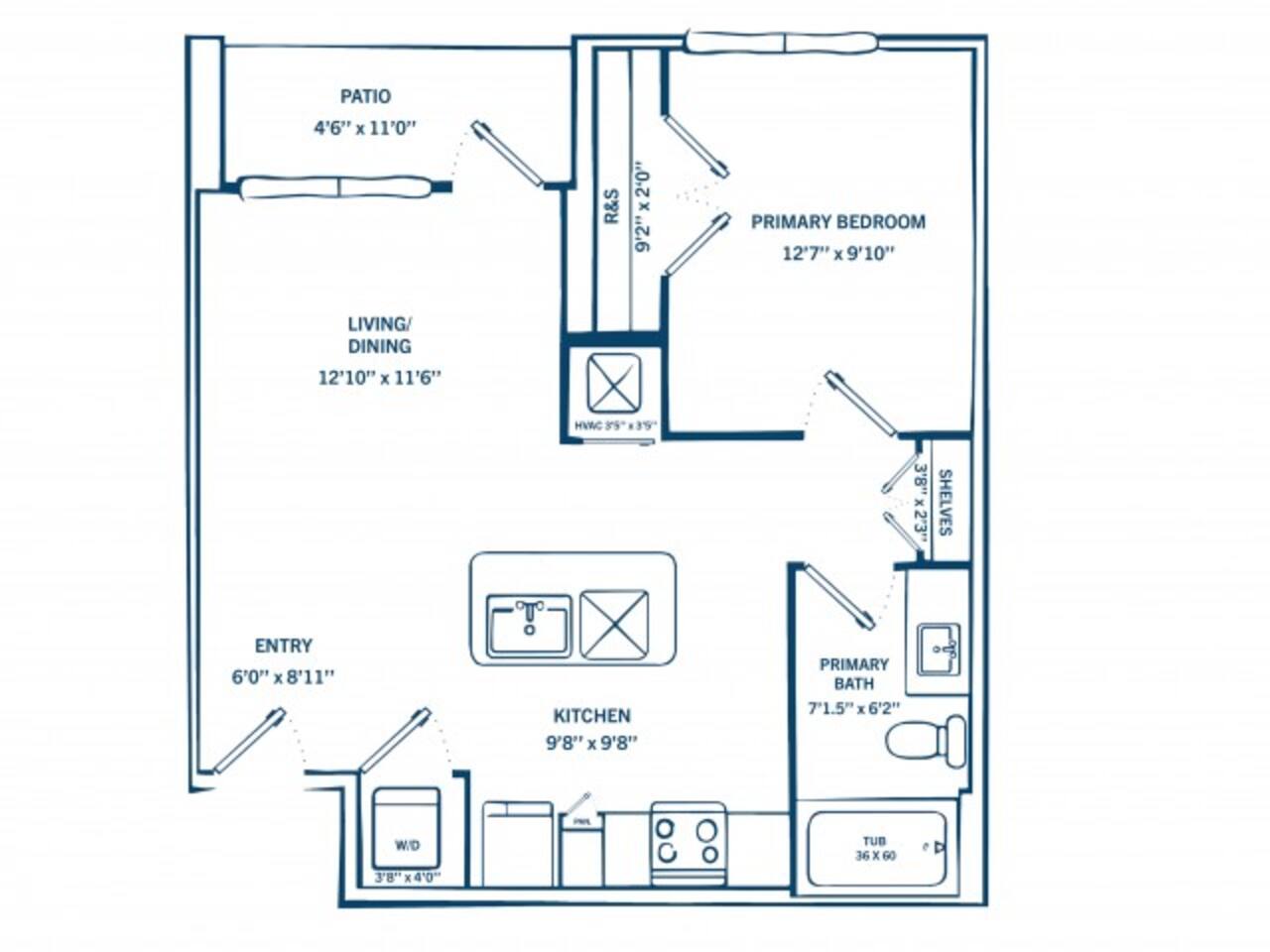 Floorplan diagram for E2, showing 1 bedroom