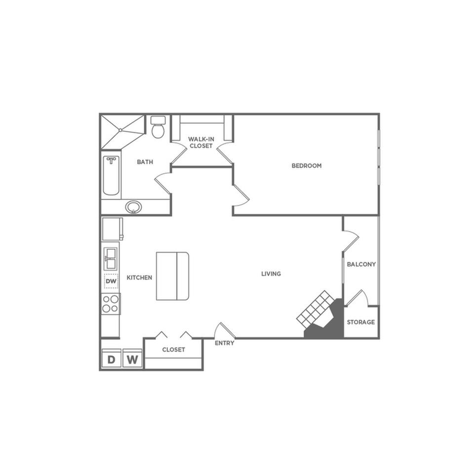 Floorplan diagram for One Bedroom One Bath (700 SF), showing 1 bedroom