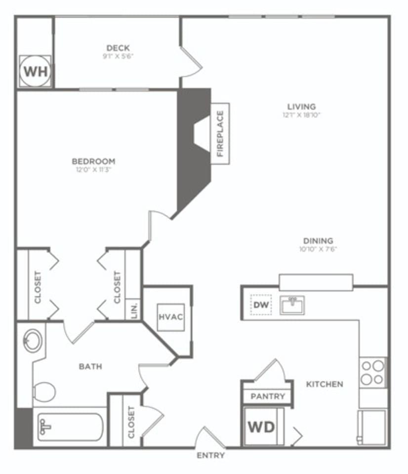 Floorplan diagram for One Bedroom One Bath (755 SF), showing 1 bedroom