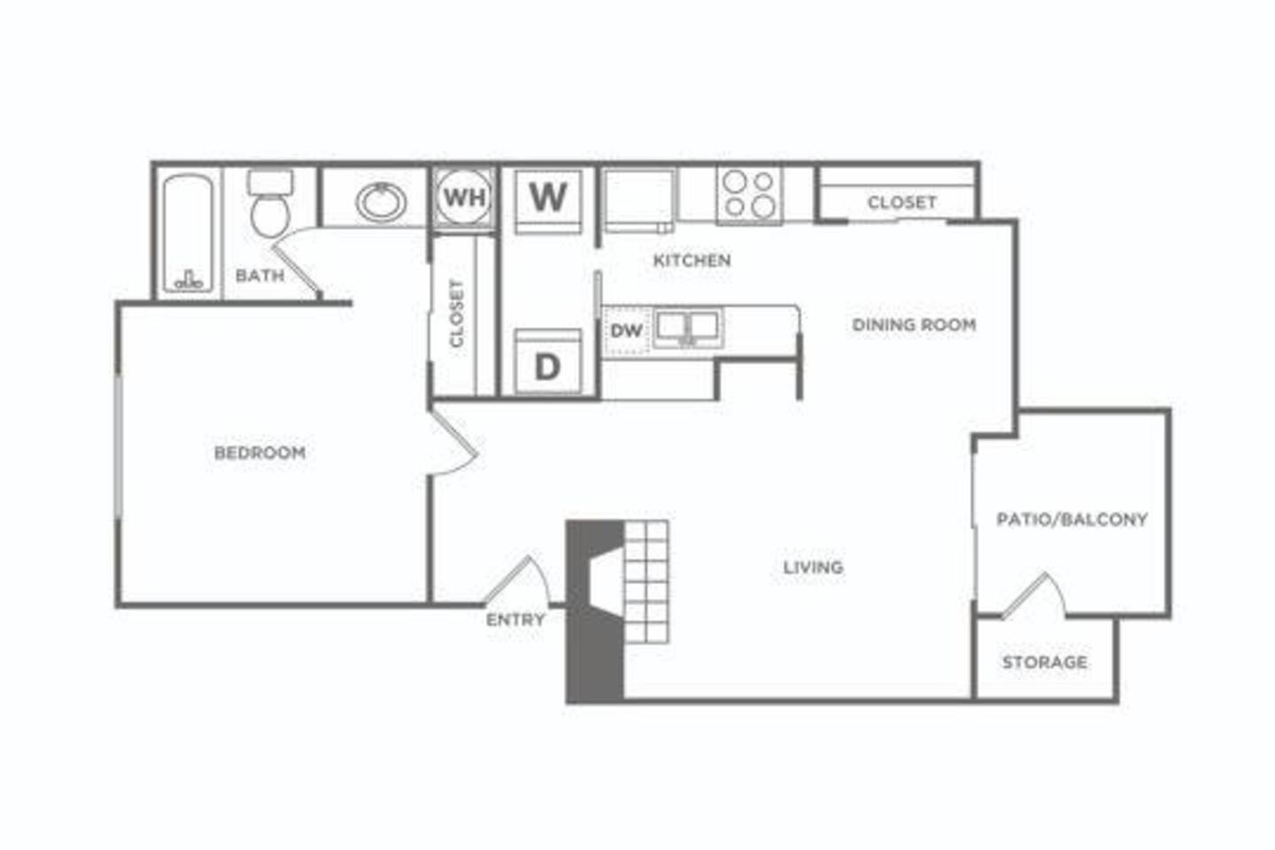 Floorplan diagram for One Bedroom (662 SF) Renovated, showing 1 bedroom