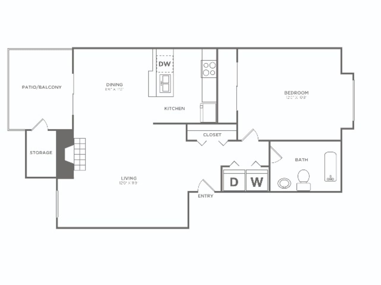 Floorplan diagram for One Bedroom (660 SF), showing 1 bedroom