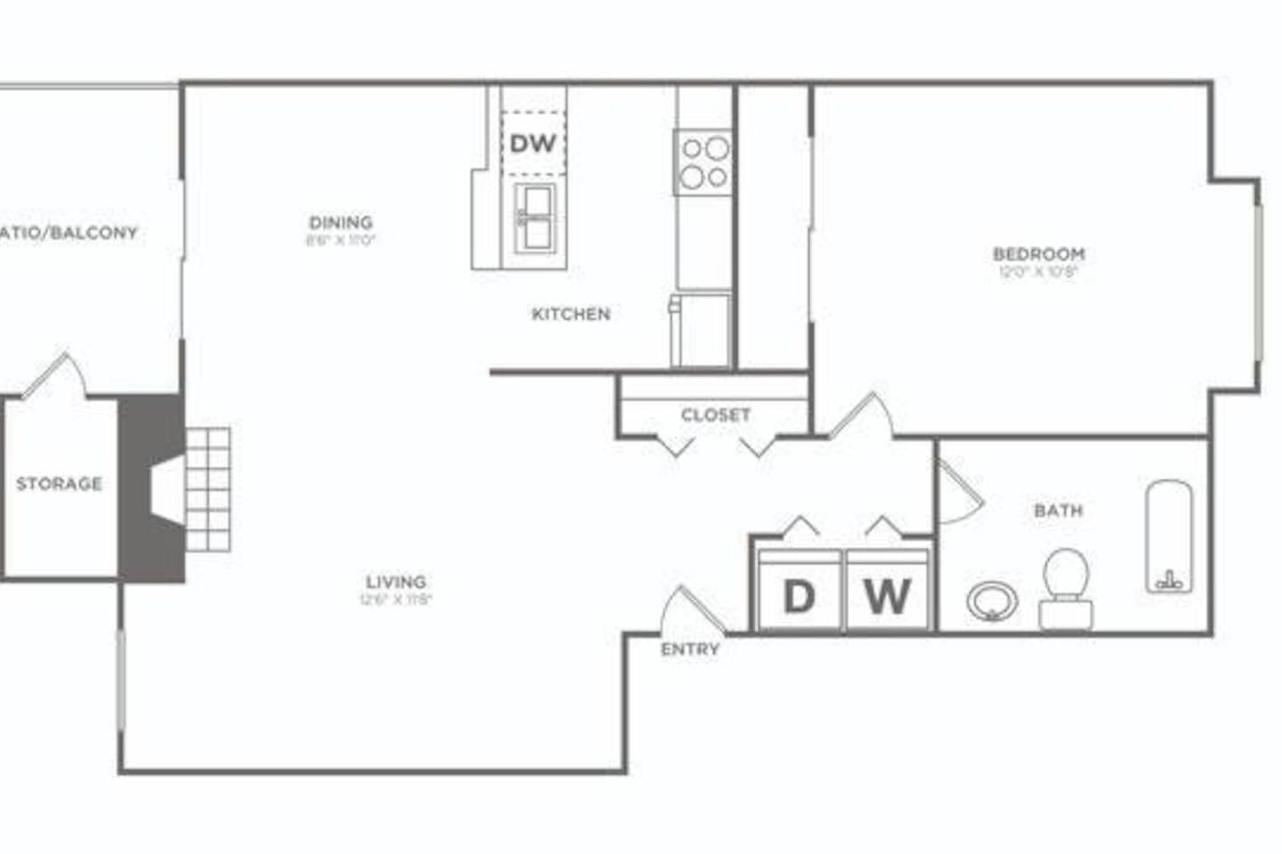 Floorplan diagram for One Bedroom (660 SF) Renovated, showing 1 bedroom
