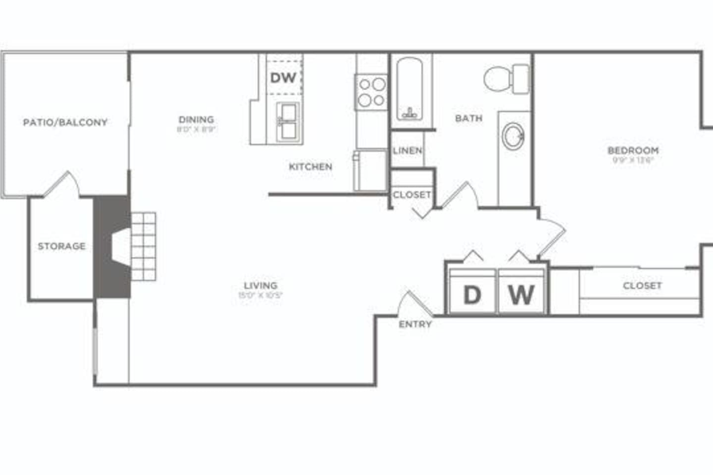Floorplan diagram for One Bedroom (698 SF) Renovated, showing 1 bedroom