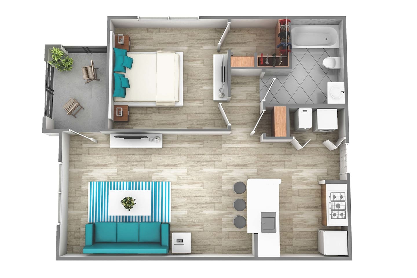 Floorplan diagram for One Bedroom One Bath (633 SF), showing 1 bedroom