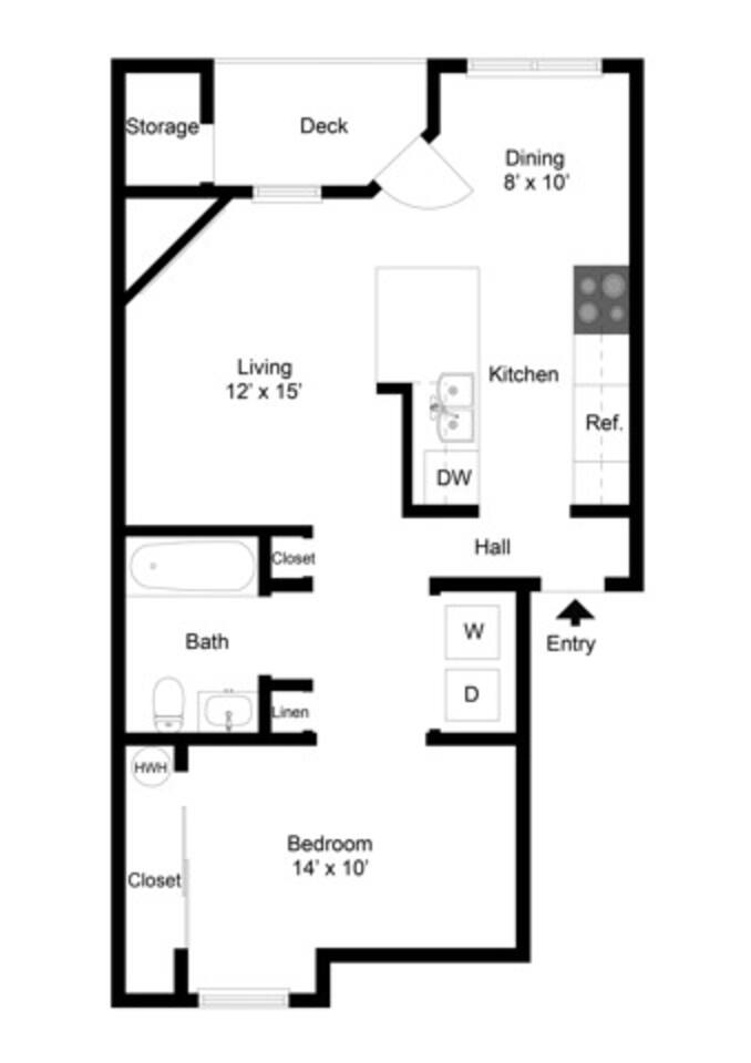 Floorplan diagram for One Bedroom One Bath (729 SF), showing 1 bedroom