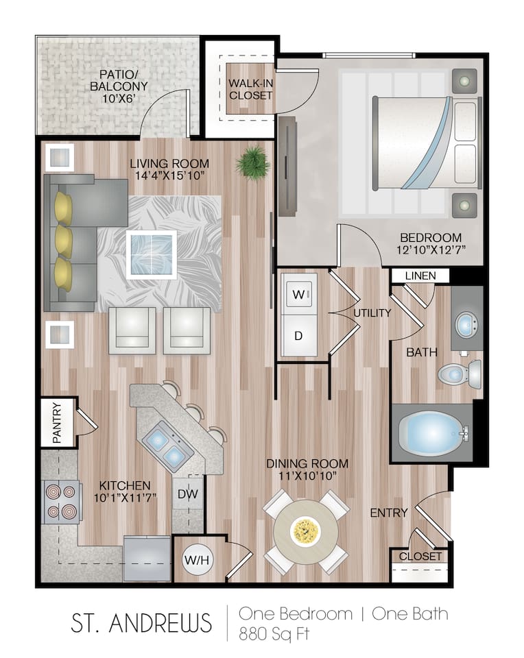 Floorplan diagram for St. Andrews, showing 1 bedroom