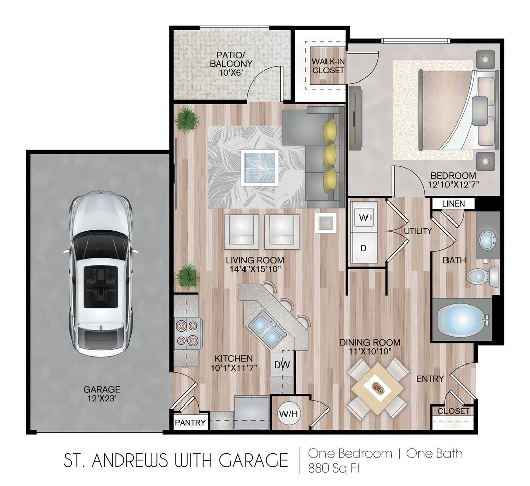 Floorplan diagram for St. Andrews with Garage, showing 1 bedroom