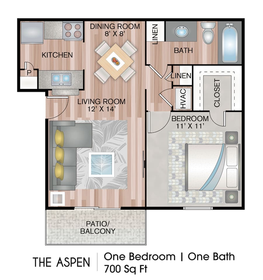 Floorplan diagram for The Aspen, showing 1 bedroom
