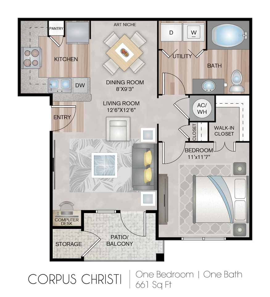 Floorplan diagram for Corpus Christi, showing 1 bedroom
