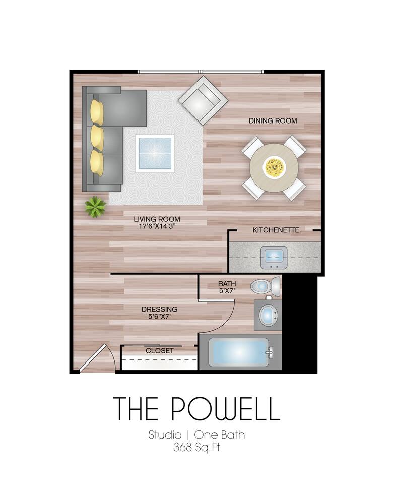 Floorplan diagram for The Powell, showing Studio