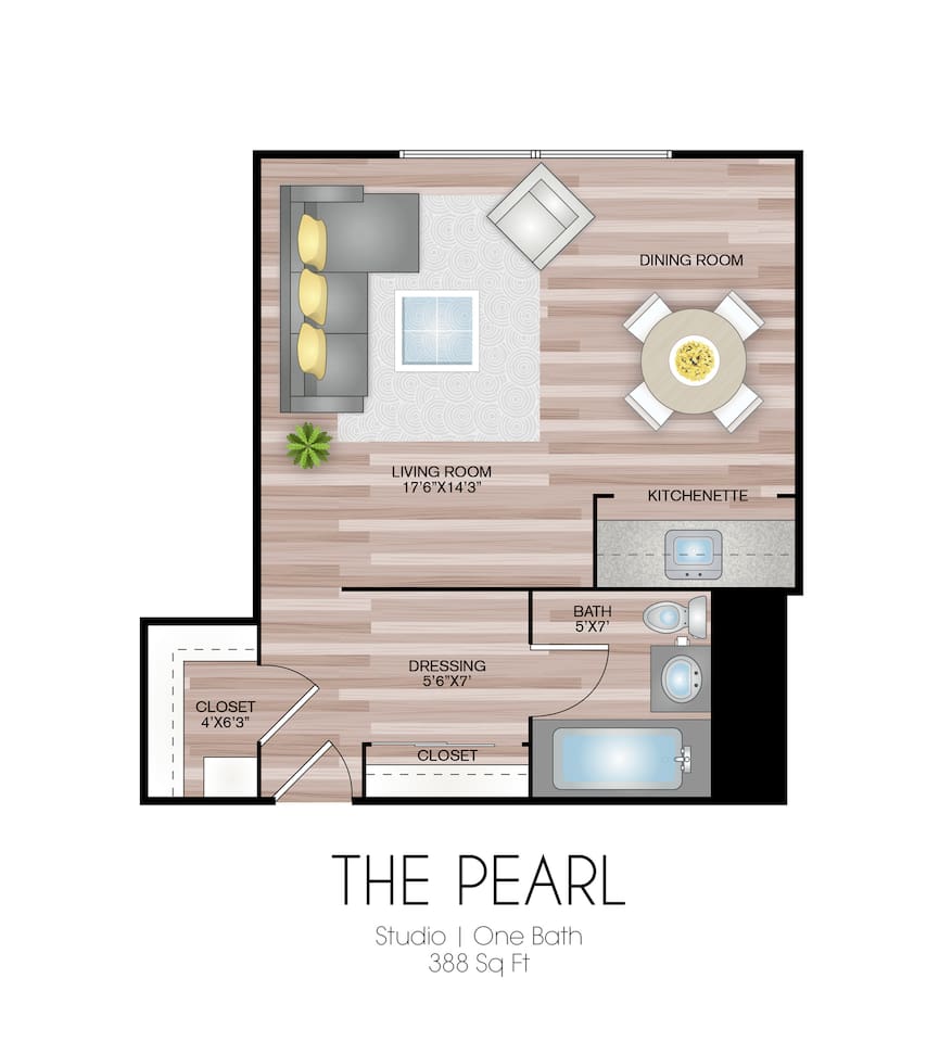 Floorplan diagram for The Pearl, showing Studio