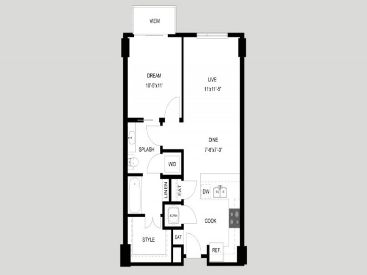 Floorplan diagram for The Waterloo, showing 1 bedroom