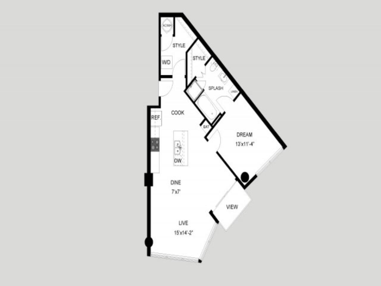 Floorplan diagram for The Shores, showing 1 bedroom