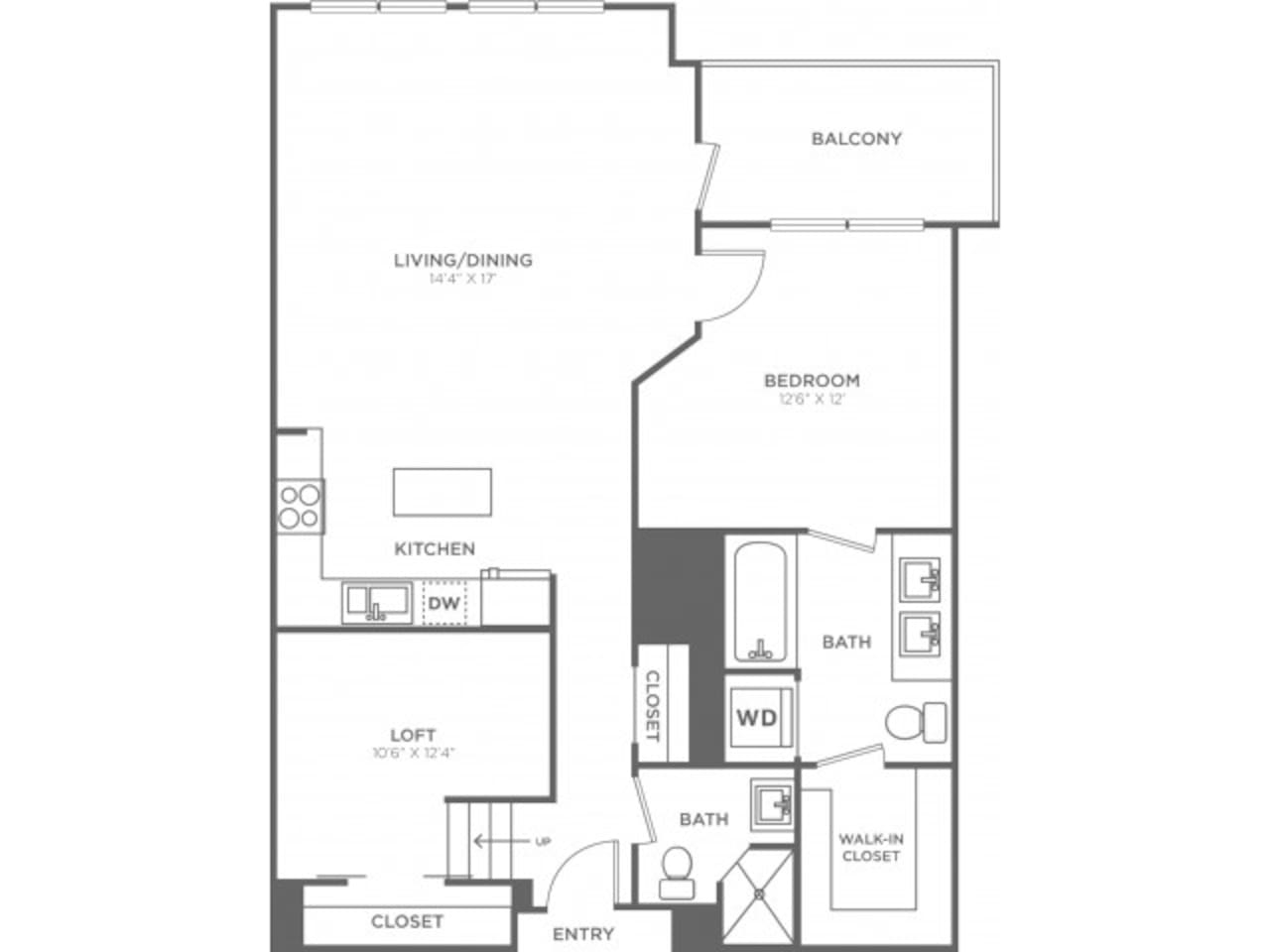 Floorplan diagram for One Bedroom Two Bath w/Loft (970 SF), showing 1 bedroom