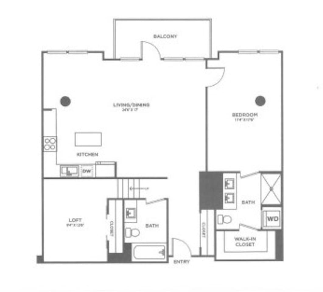 Floorplan diagram for One Bedroom Two Bath w/Loft (1200 SF), showing 1 bedroom