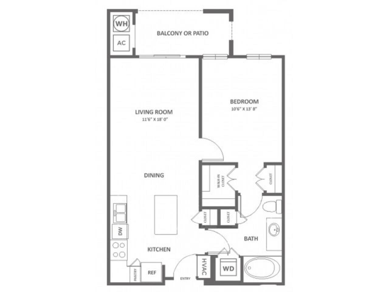 Floorplan diagram for 1 Bedroom 1 Bath Kitchen Island (690 SF), showing 1 bedroom