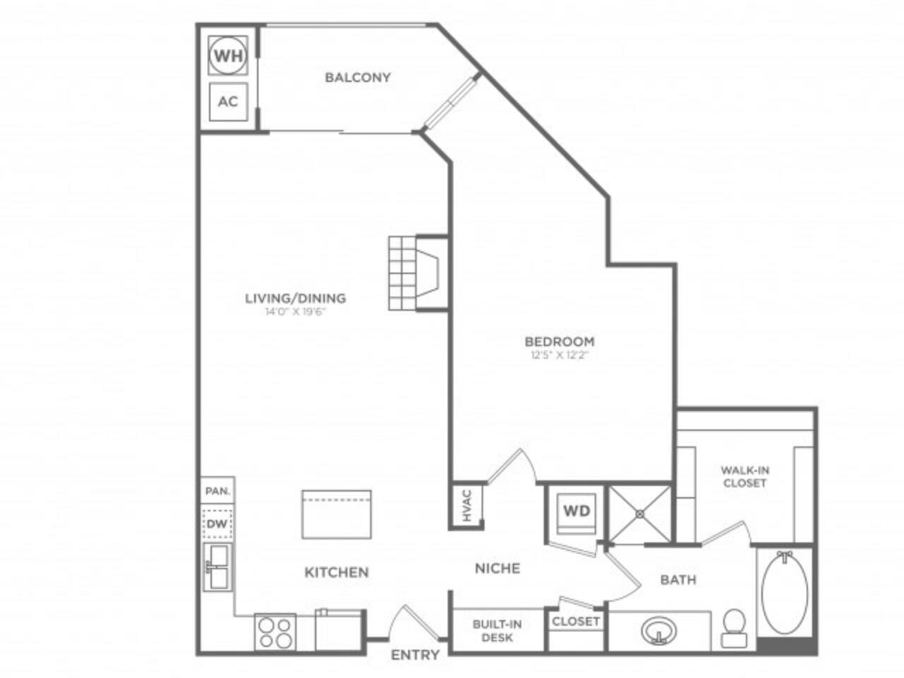 Floorplan diagram for 1 Bedroom 1 Bath (914 SF), showing 1 bedroom