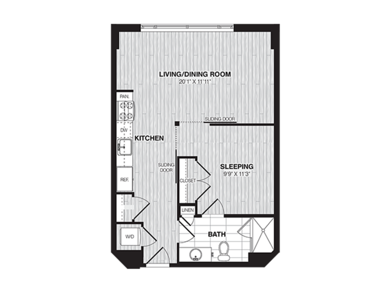 Floorplan diagram for Studio (624 SF), showing Studio