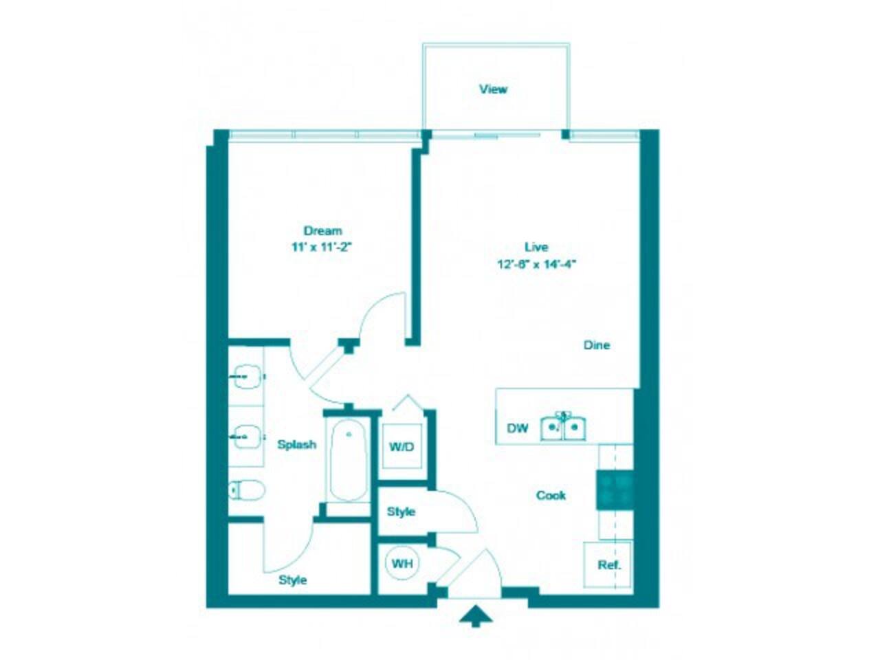 Floorplan diagram for One Bedroom One Bath (677 SF), showing 1 bedroom