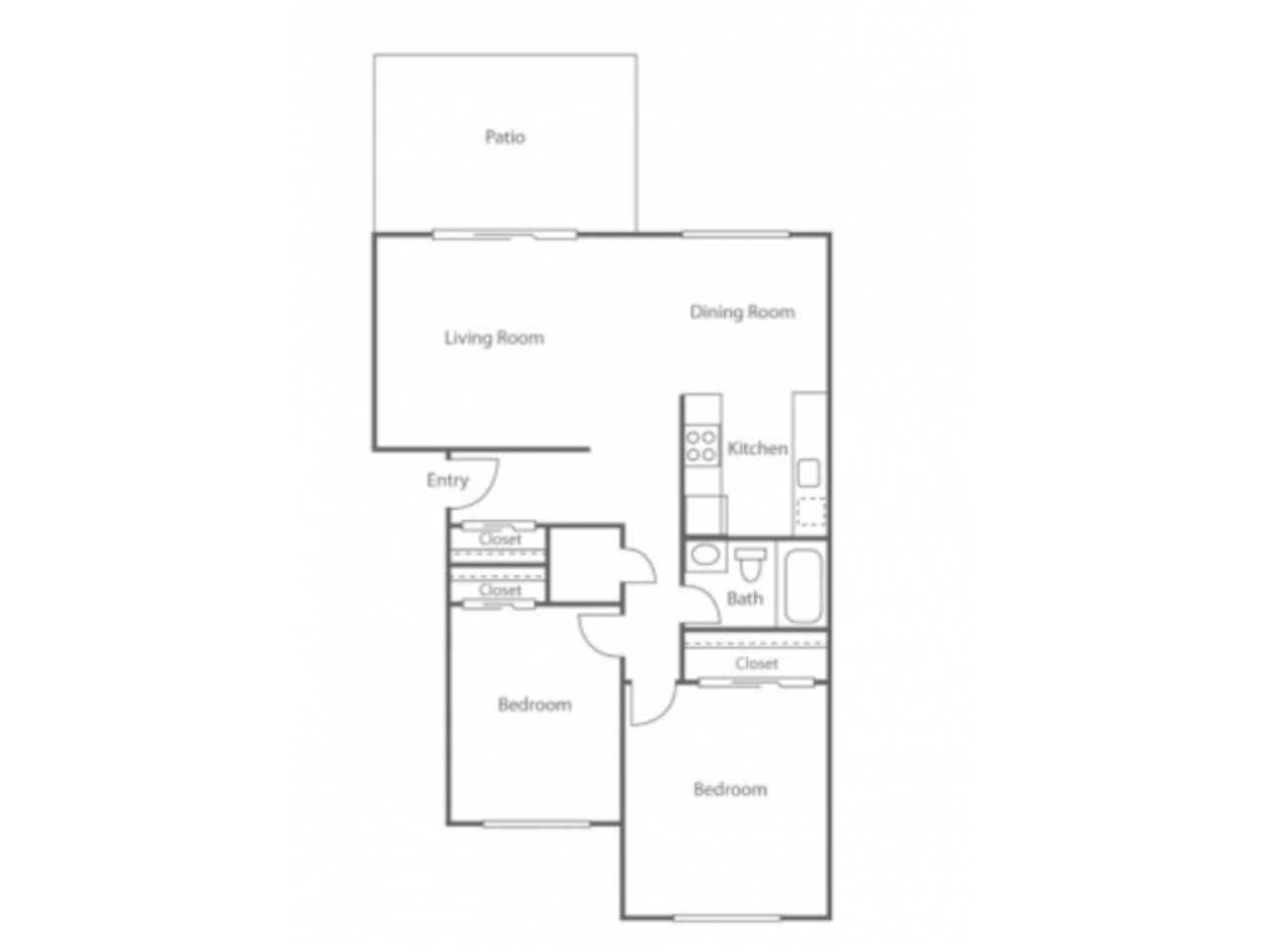 Floorplan diagram for 2BD/1BA Plan A, showing 2 bedroom