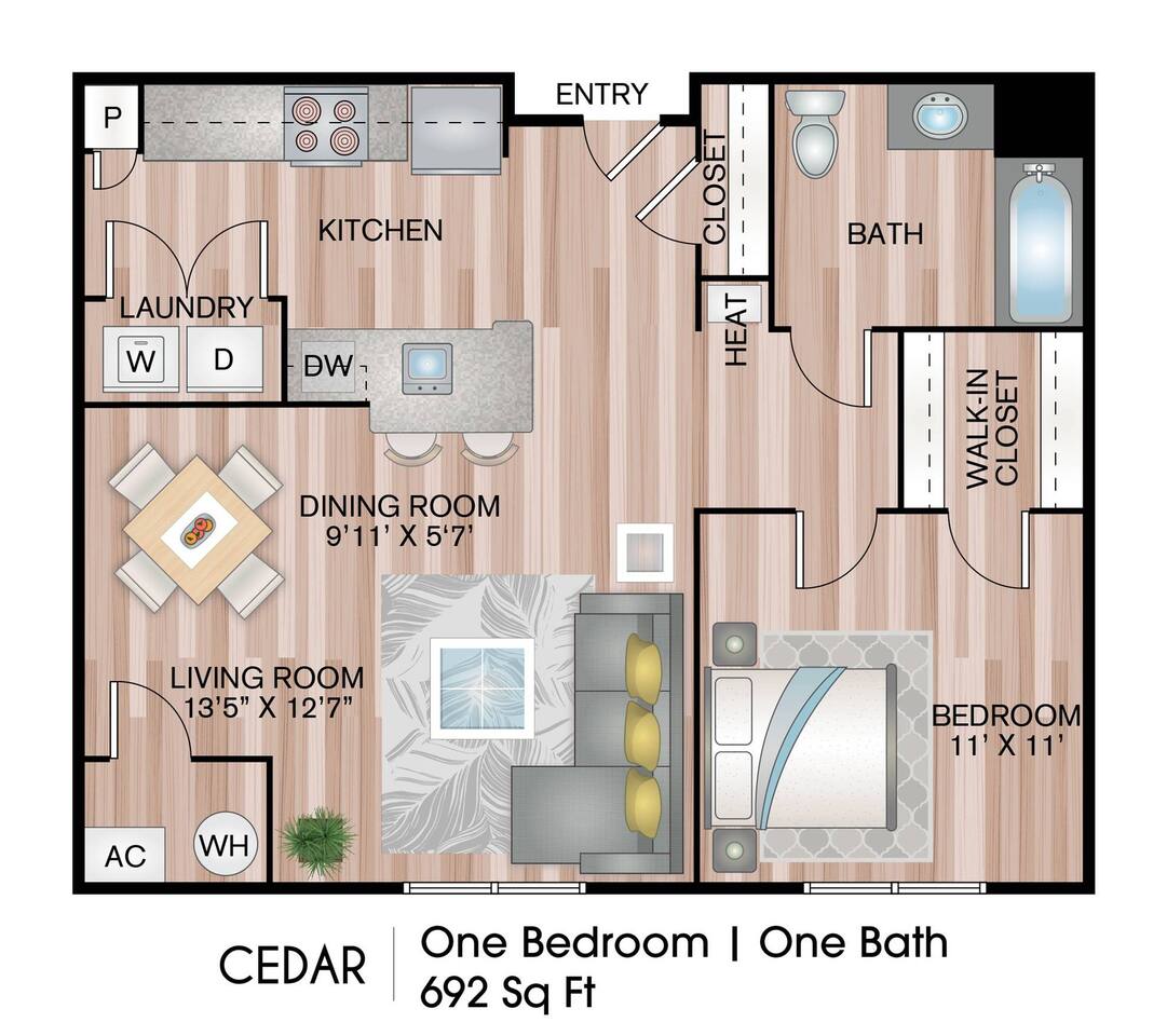 Floorplan diagram for Cedar (Income Restricted), showing 1 bedroom