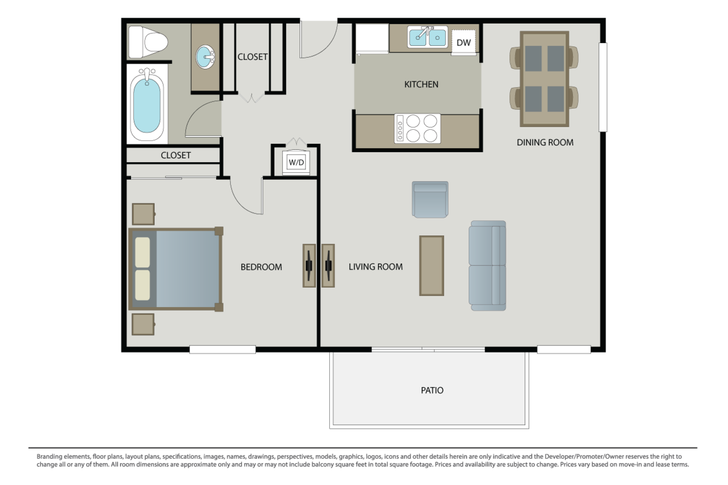 Floorplan diagram for 1 Bed 1 Bath (D), showing 1 bedroom