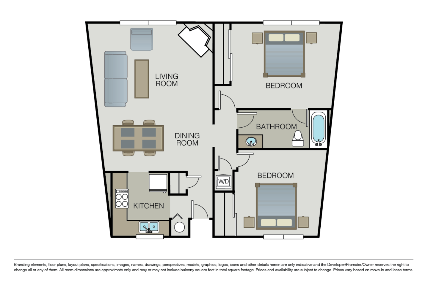 Floorplan diagram for 2 Bed 1 Bath, showing 2 bedroom